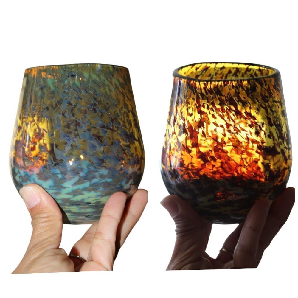 Opalescent Hand Blown Amberina Art glass Small vase Multicolor